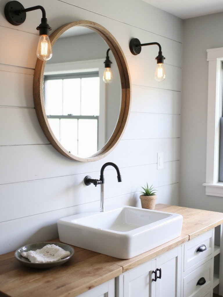 Farmhouse bathroom with black iron gooseneck sconces and Edison bulbs