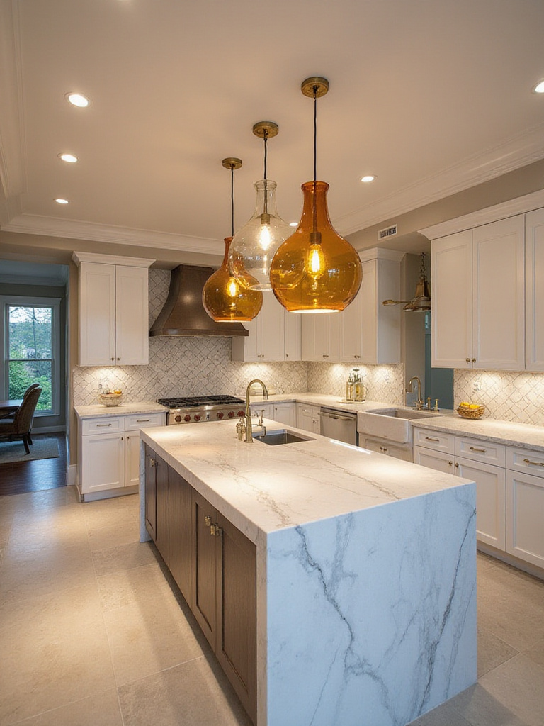 Luxury kitchen with marble island and statement glass pendant lighting.