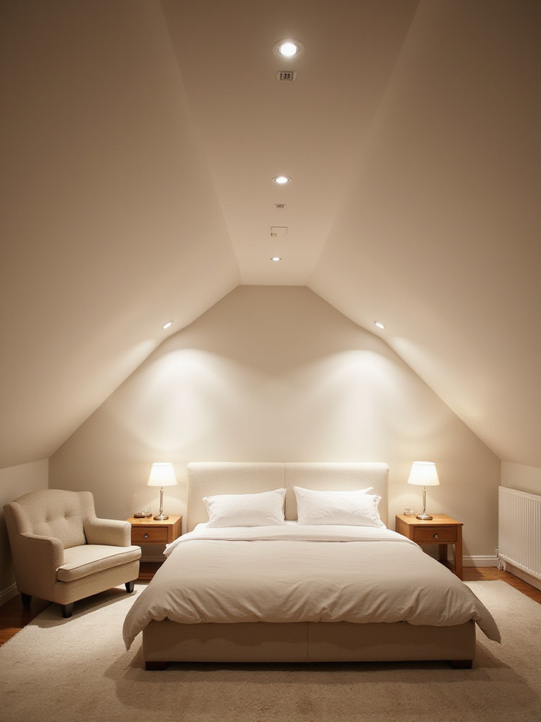 Modern attic bedroom with sleek recessed lighting creating a spacious and uncluttered atmosphere.