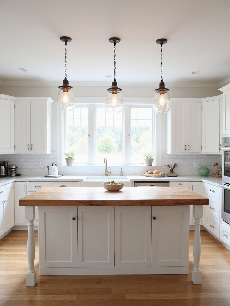Farmhouse kitchen island illuminated by three rustic pendant lights.