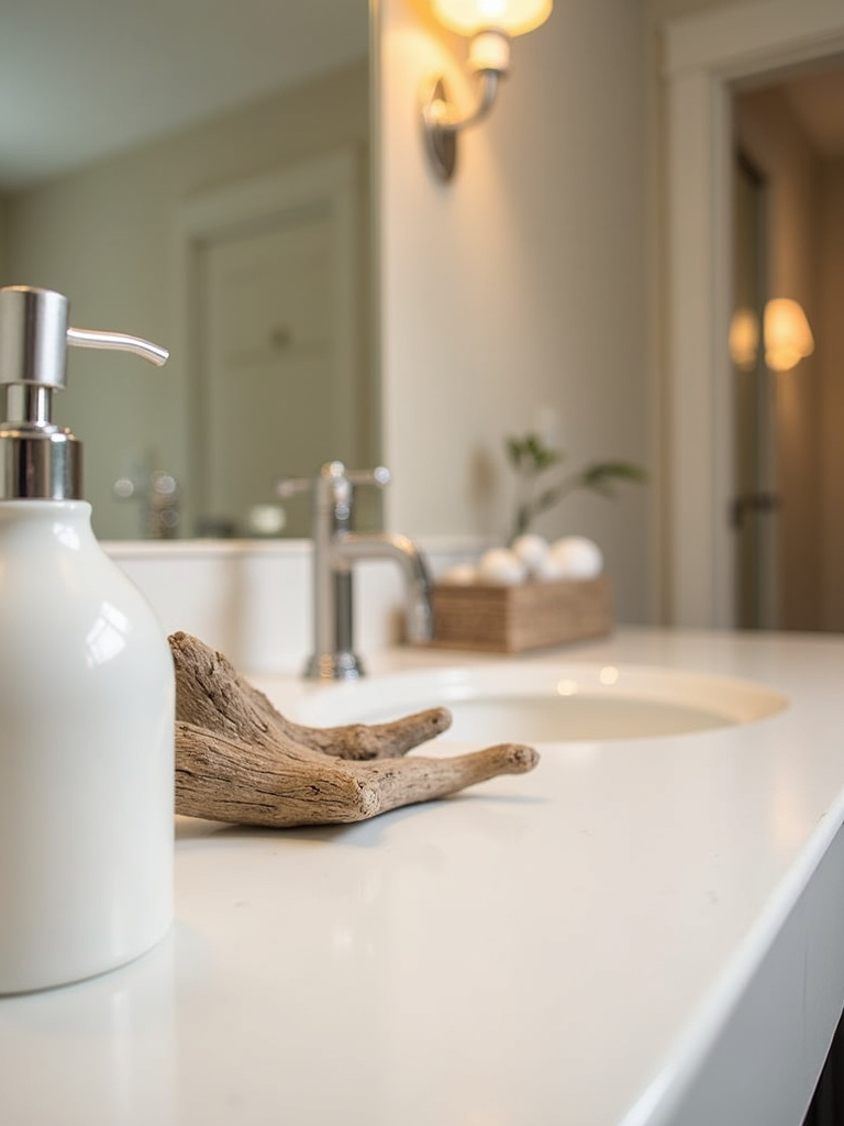 Rustic coastal bathroom detail with a driftwood accent piece on a vanity countertop, adding natural charm to the space.
