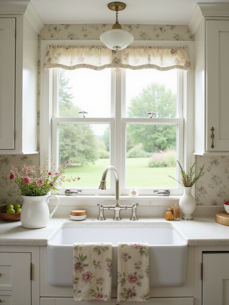Cottage kitchen with floral wallpaper and wildflowers