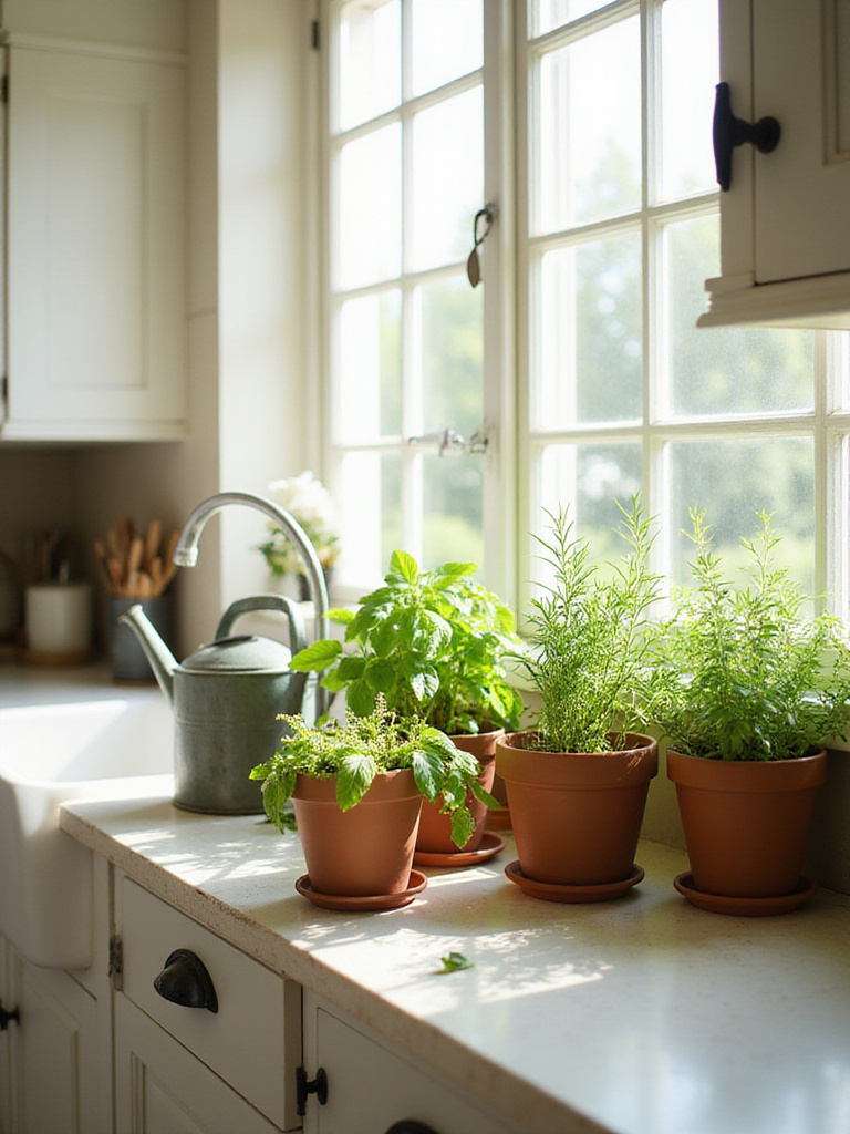 Fresh herbs in terracotta pots on a cottage kitchen windowsill