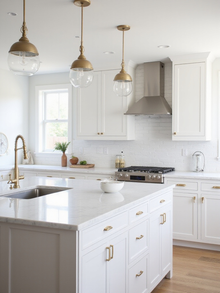 Contemporary kitchen with white cabinets, gold hardware, and stainless steel faucet