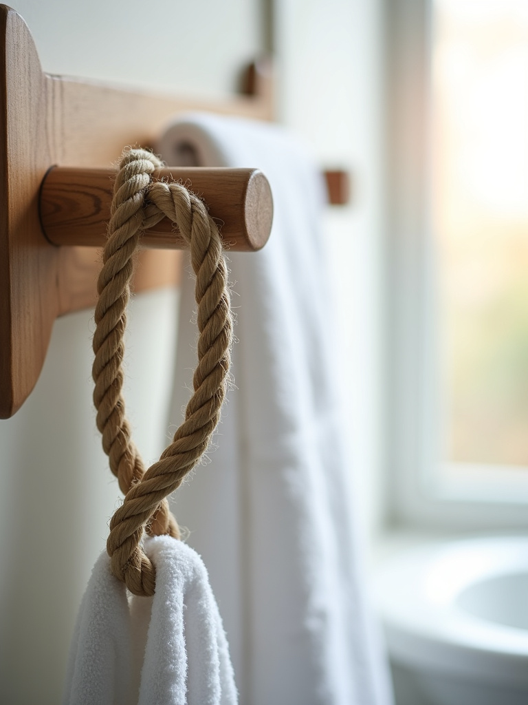 Subtle nautical details in a coastal bathroom featuring a towel bar wrapped in rope, adding a touch of maritime charm.