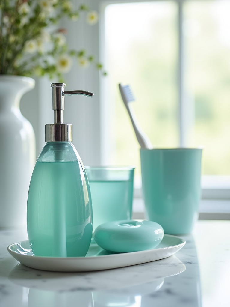 Coastal bathroom accessories inspired by sea glass, featuring soap dispenser and toothbrush holder in soft ocean hues, adding subtle coastal color.