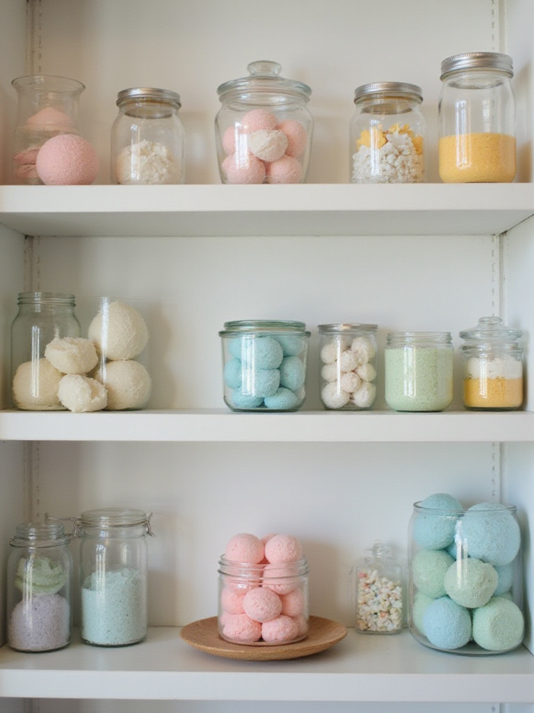 Colorful bath bombs displayed on a bathroom shelf in glass jars and on a tiered shelf.