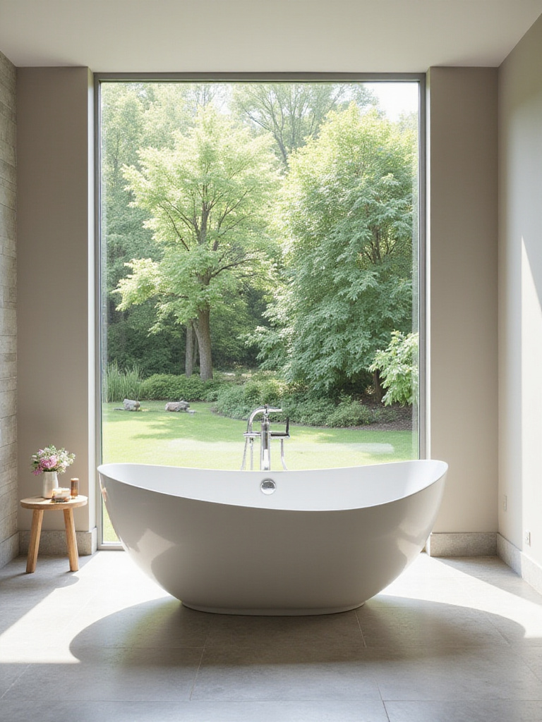 Luxurious modern bathroom featuring a freestanding tub in front of a large window overlooking a garden.