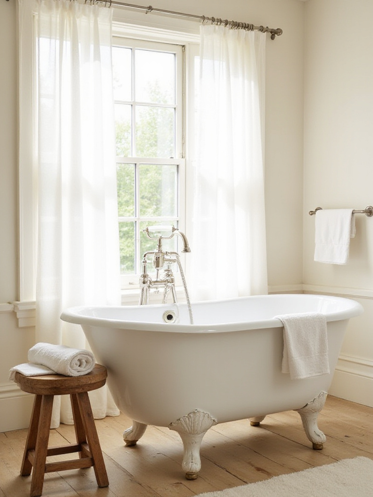 Farmhouse bathroom with white clawfoot tub and natural light