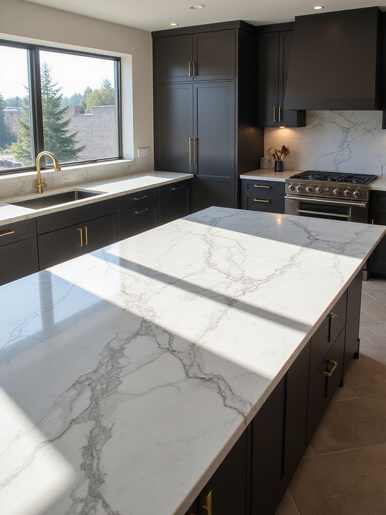 Luxury kitchen island featuring a Calacatta marble countertop