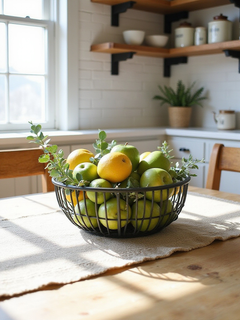 Metal wire basket centerpiece filled with fruit and greenery on a farmhouse kitchen table