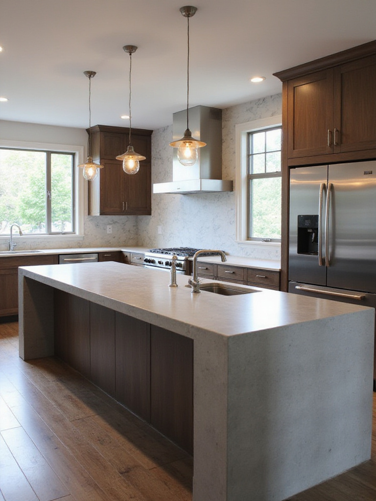 Modern kitchen with large concrete kitchen island and dark wood cabinets.