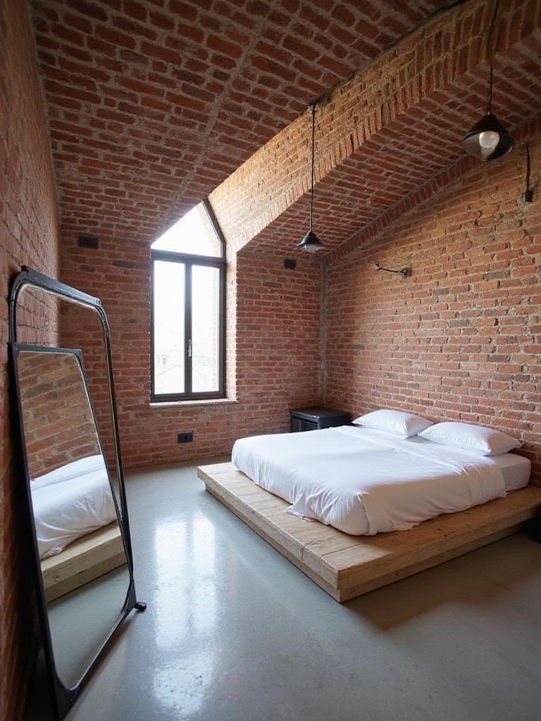 Attic bedroom with exposed brick walls and industrial style lighting.