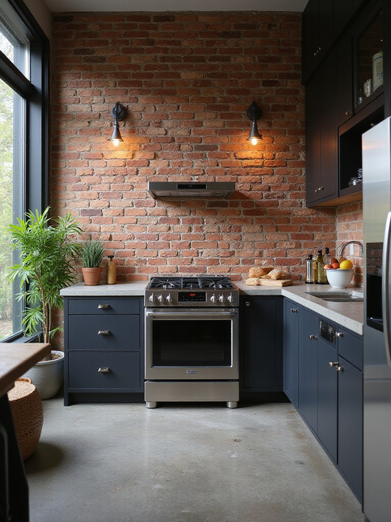 Modern kitchen with exposed brick backsplash, stainless steel appliances, and concrete countertops.