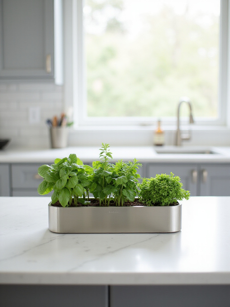 Modern kitchen countertop herb garden with basil, parsley, and chives in stainless steel planter