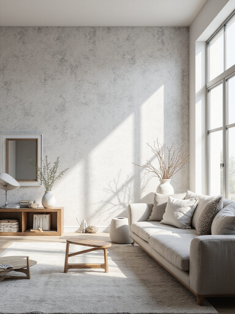 Living room with textured geometric wallpaper accent wall