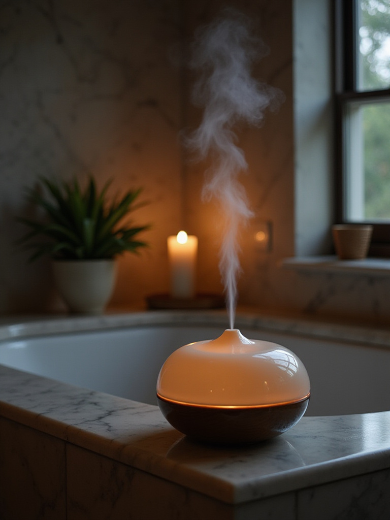 Aromatherapy diffuser emitting mist in a spa-like bathroom