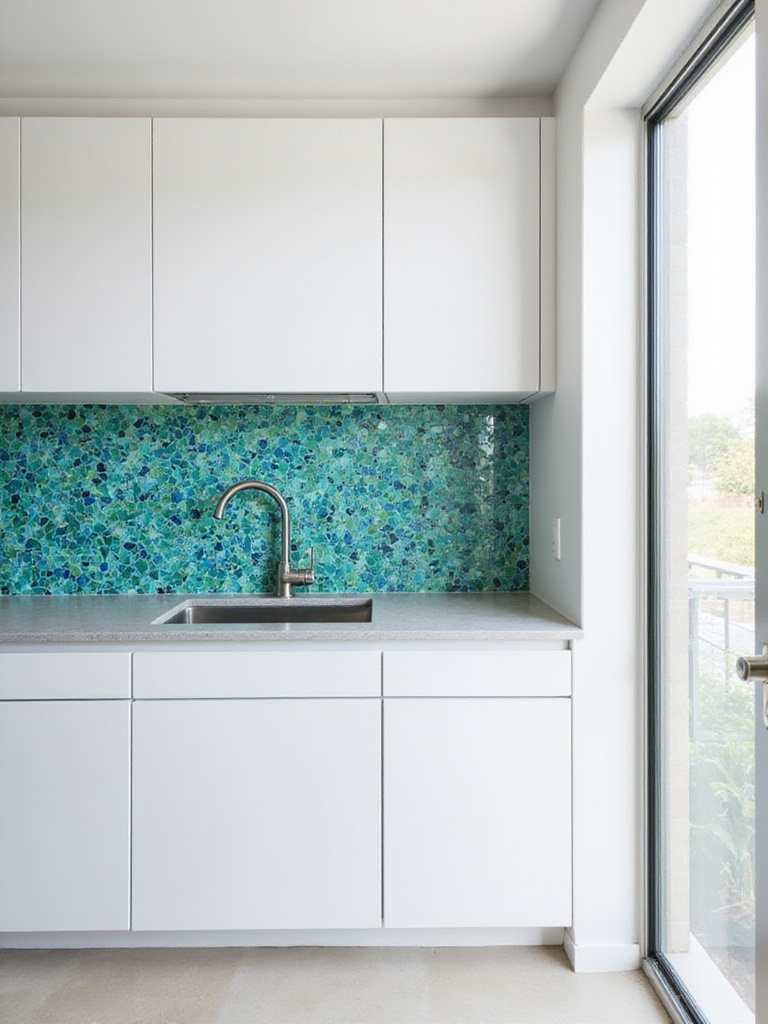 Contemporary kitchen with white cabinets and a bold, colorful geometric mosaic backsplash.