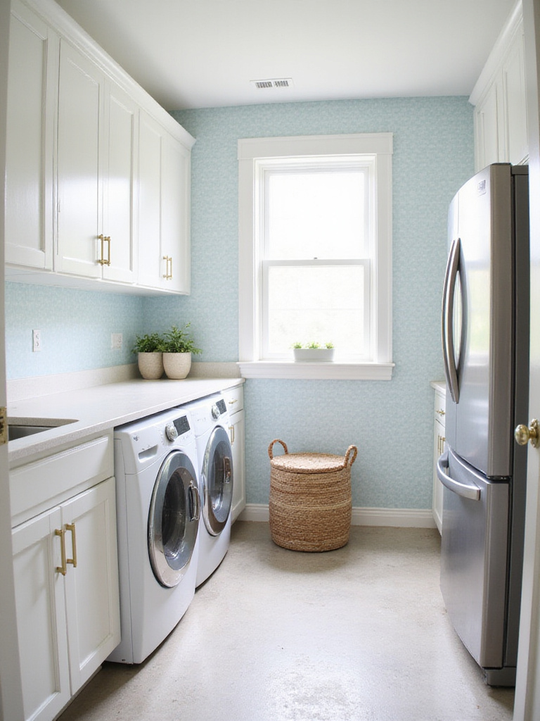 Laundry room with light blue and white polka dot wallpaper