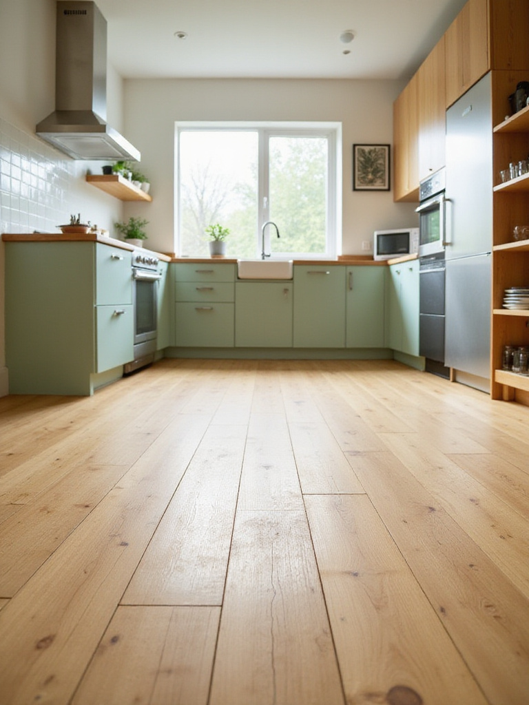 Modern kitchen with sustainable light-colored bamboo flooring.
