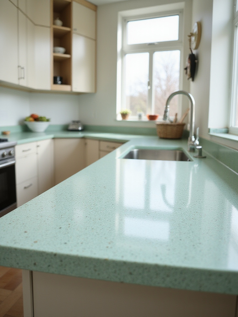Green kitchen with recycled glass countertops showing visible flecks of other recycled materials