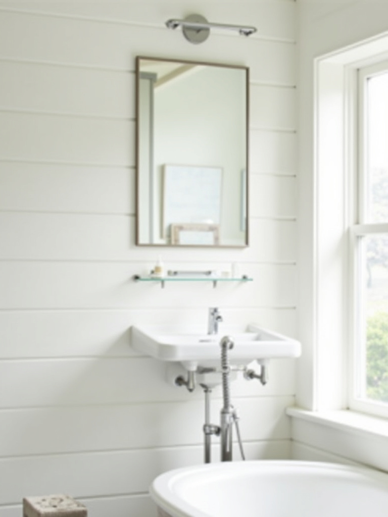 Classic coastal bathroom with a shiplap wall, painted in soft white, adding texture and a traditional seaside element.