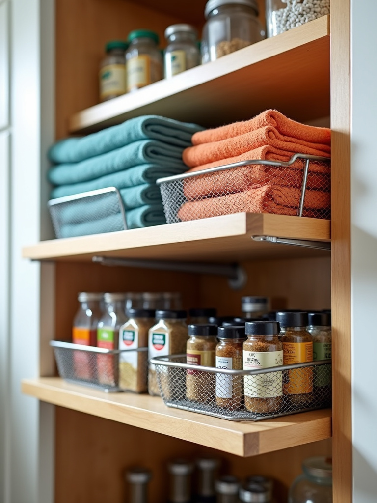 Under-shelf baskets organizing dish towels and spices in a kitchen pantry.