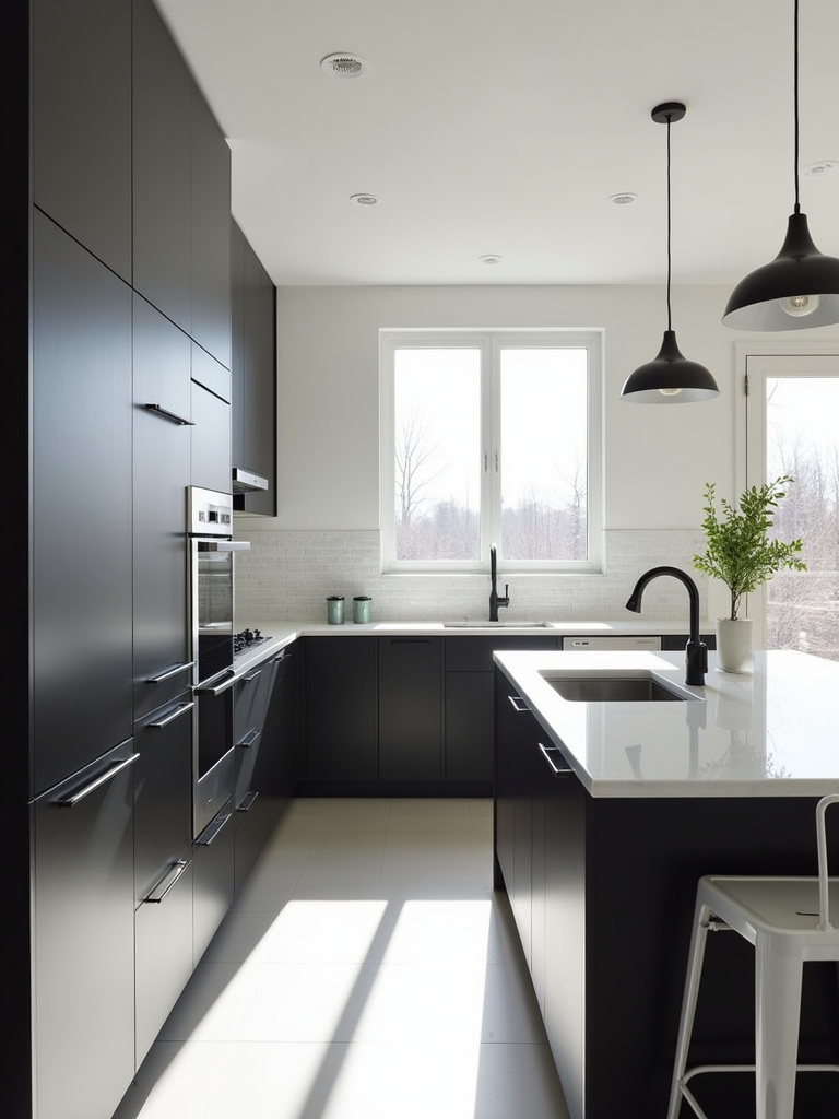 Minimalist kitchen design with sleek black cabinets and white quartz countertops.
