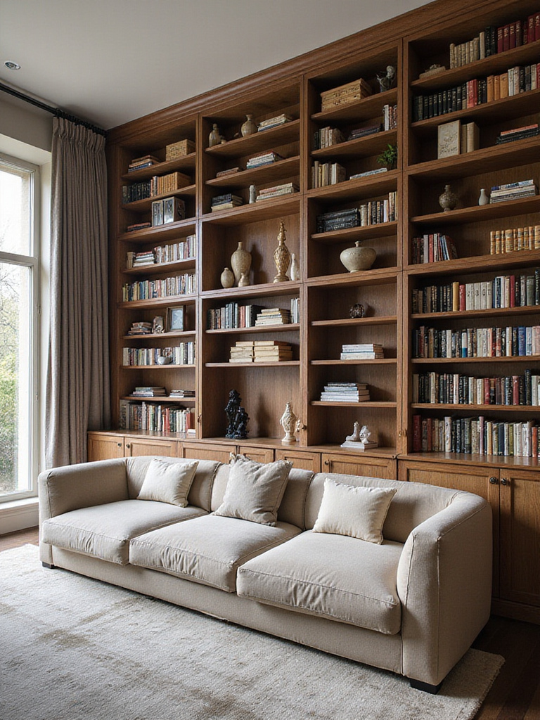 Living room with a wall-to-wall bookshelf design.