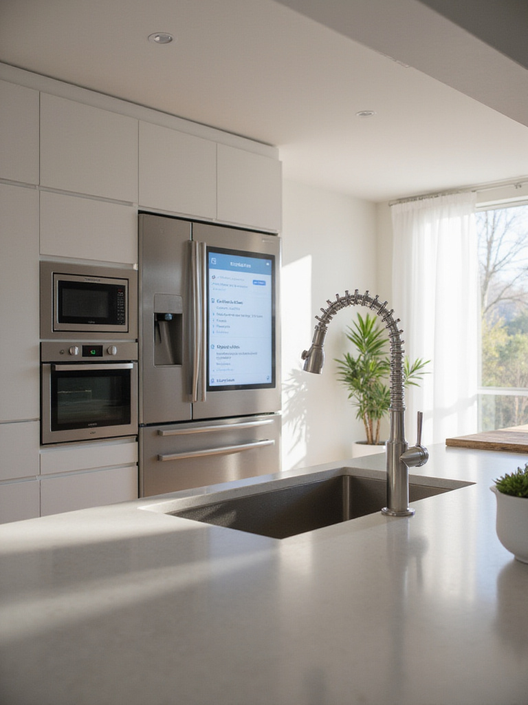 Modern kitchen with smart refrigerator, oven, and faucet