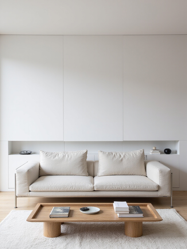 Minimalist living room with hidden storage coffee table and floating shelf.