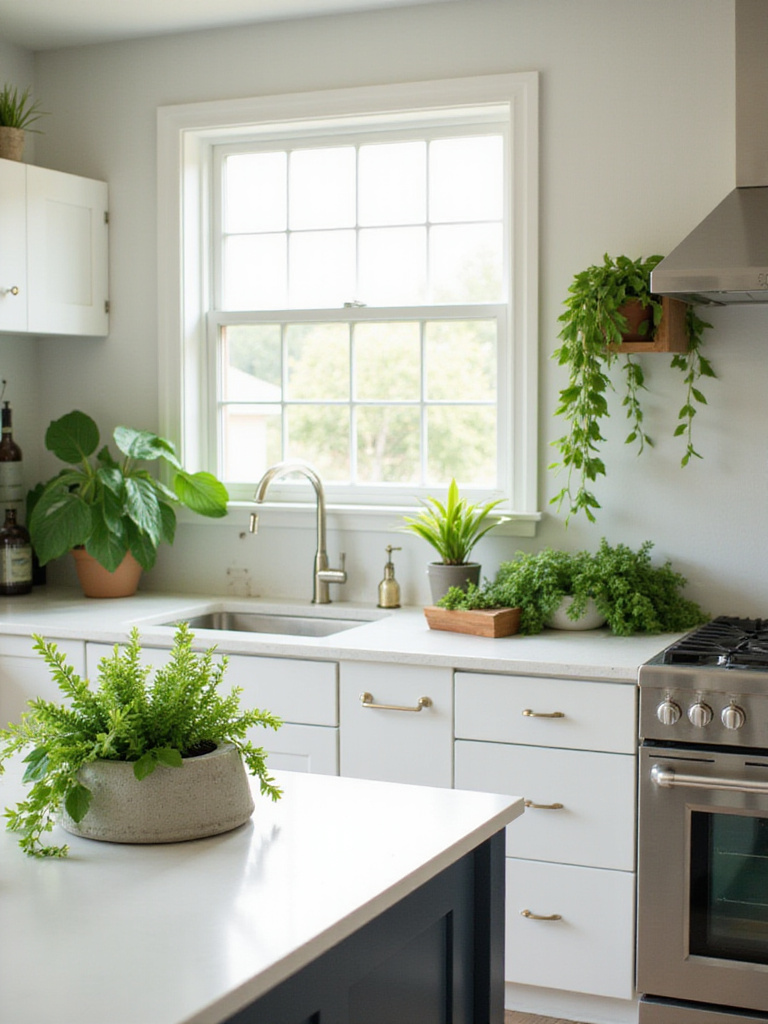 Contemporary kitchen design featuring indoor plants for a fresh atmosphere.