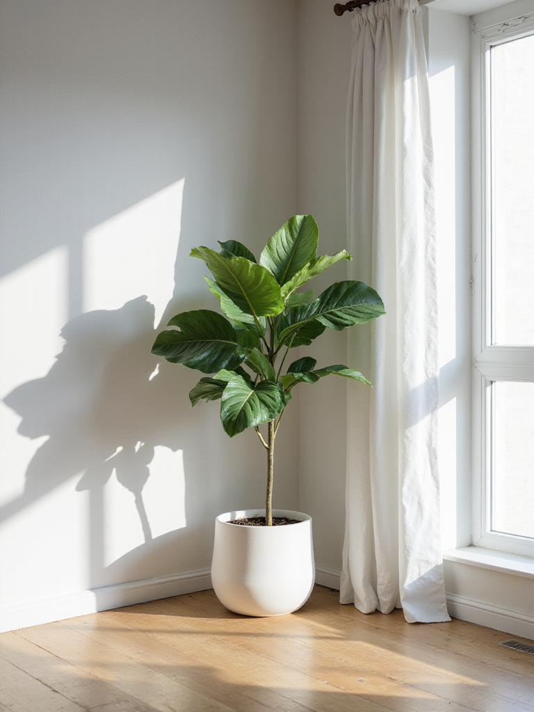 Minimalist living room with a single Fiddle Leaf Fig plant in a white pot.
