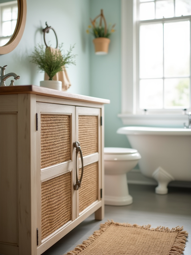 Coastal bathroom featuring natural textures with a rattan vanity and jute rug, showcasing the warmth and organic feel of these materials.
