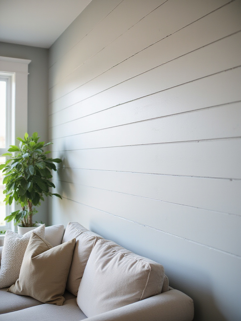 Living room with soft gray shiplap accent wall behind sofa