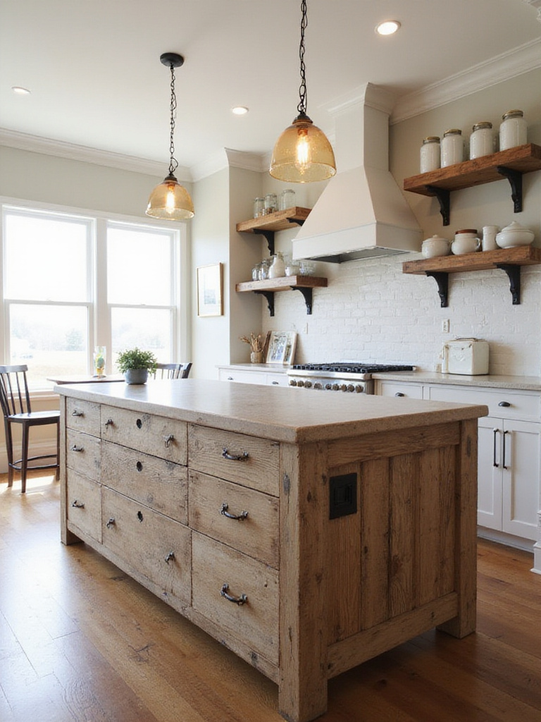 Farmhouse kitchen with reclaimed wood island and open shelving