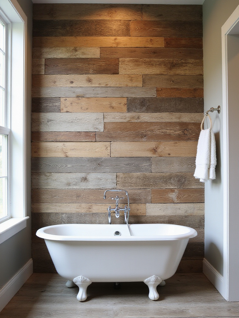Farmhouse bathroom with reclaimed wood accent wall behind clawfoot tub