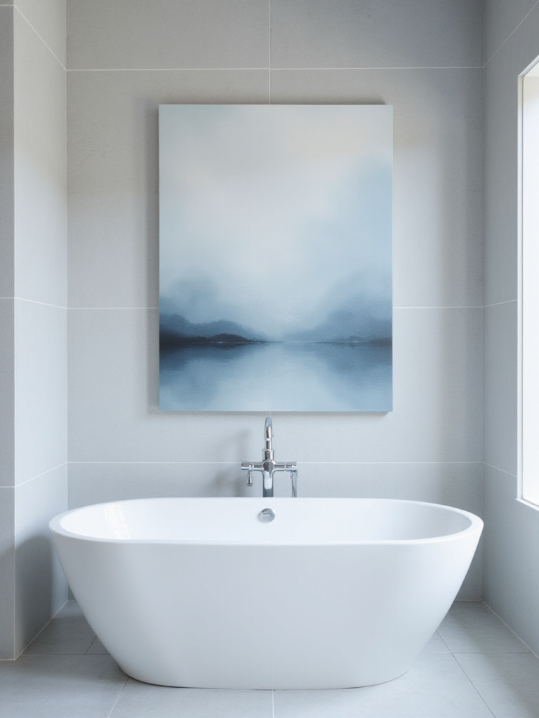 Modern bathroom with grey tile, white tub, and a single piece of abstract art.