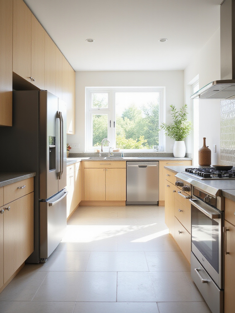 Modern kitchen with energy-efficient stainless steel appliances.