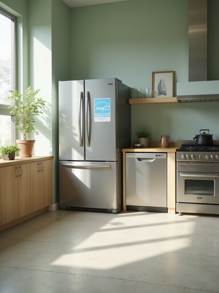 Modern green kitchen featuring Energy Star certified appliances.