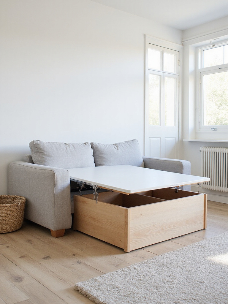 Minimalist living room featuring multi-functional sofa bed and lift-top coffee table.