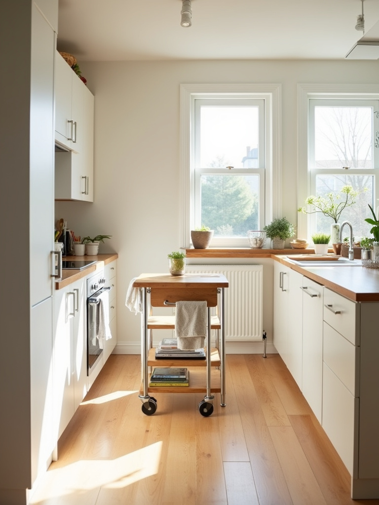 Portable kitchen island in a small apartment kitchen, providing extra counter space and storage.