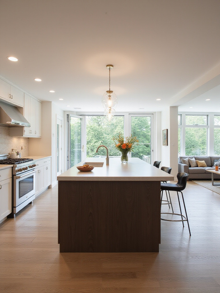 Modern open-plan kitchen with island acting as room divider between kitchen and living space.