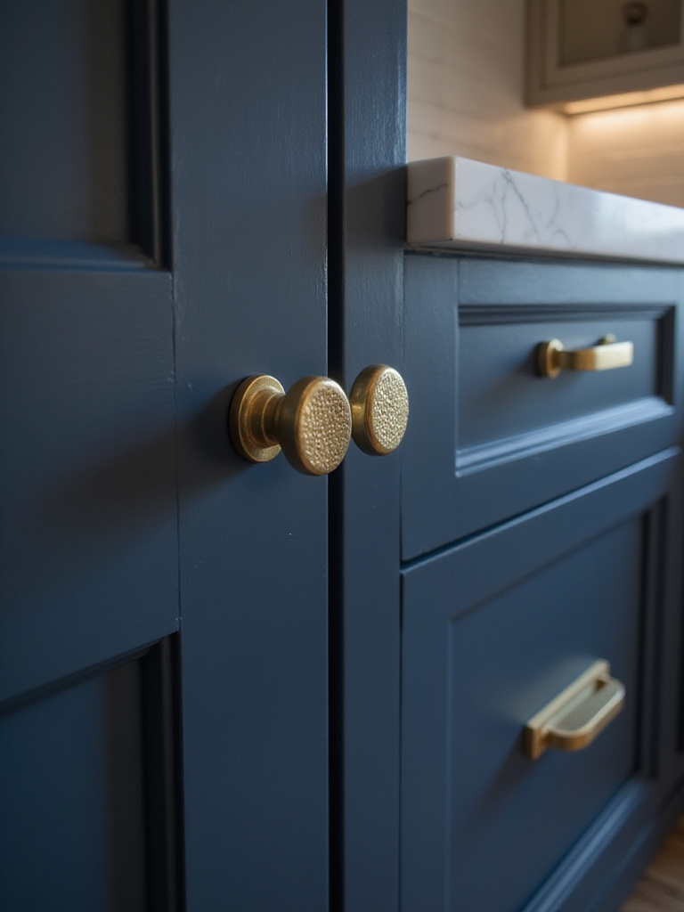 Luxury kitchen with navy cabinets and polished brass hardware
