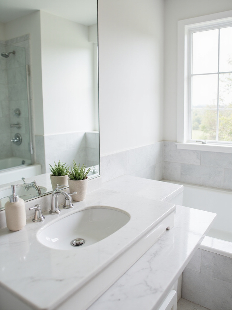Bathroom with clear marble countertop, soap dispenser, and succulent.
