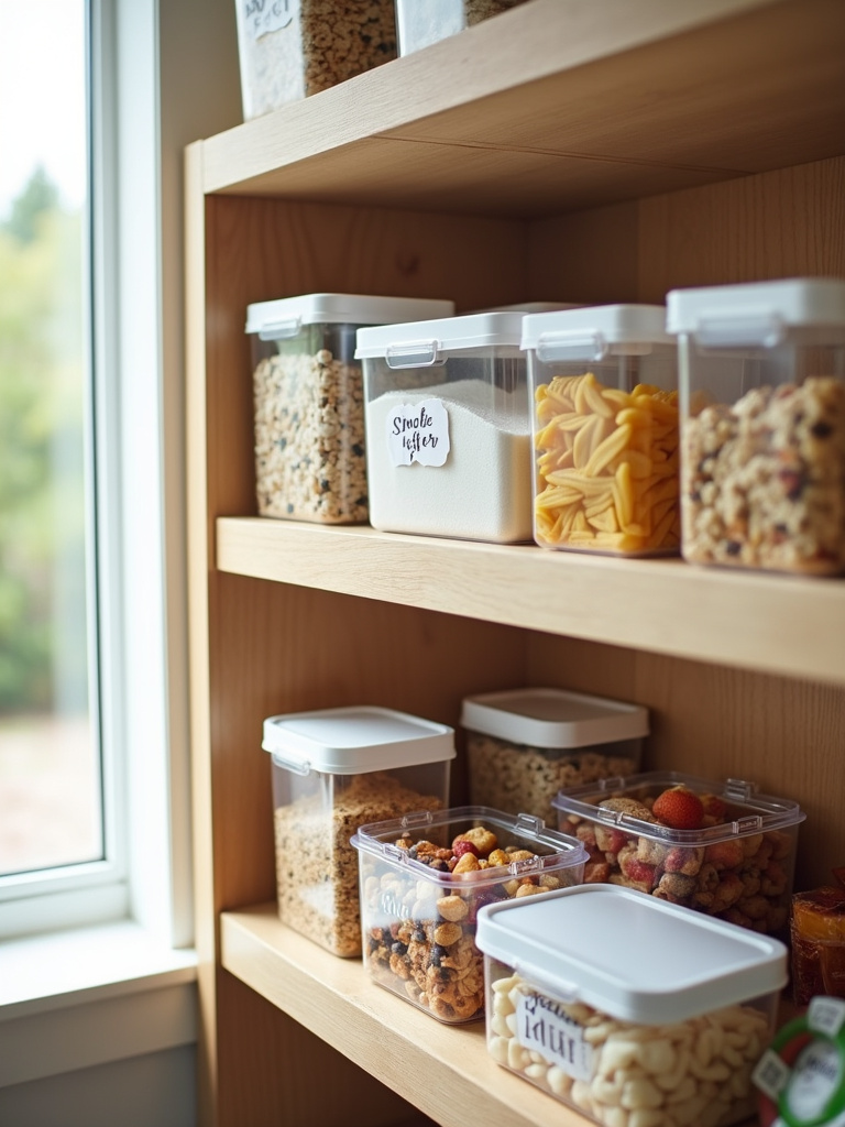 Organized pantry with stackable clear food storage containers holding dry goods and snacks.