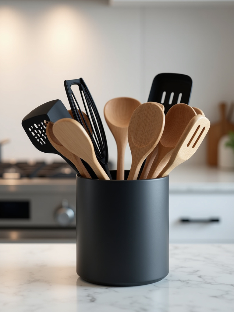 Countertop utensil crock filled with cooking tools for easy access.
