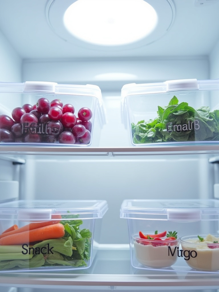 Organized refrigerator with clear storage bins containing fruits, vegetables, and snacks.