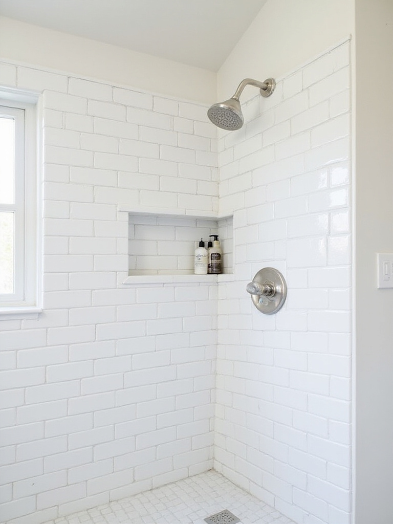 Farmhouse bathroom with white subway tile shower and light gray grout