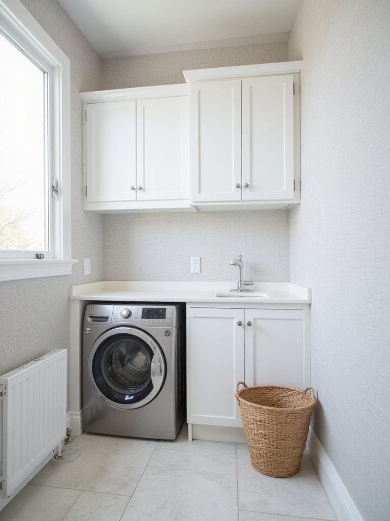 Modern laundry room with light gray linen textured monochromatic wallpaper.